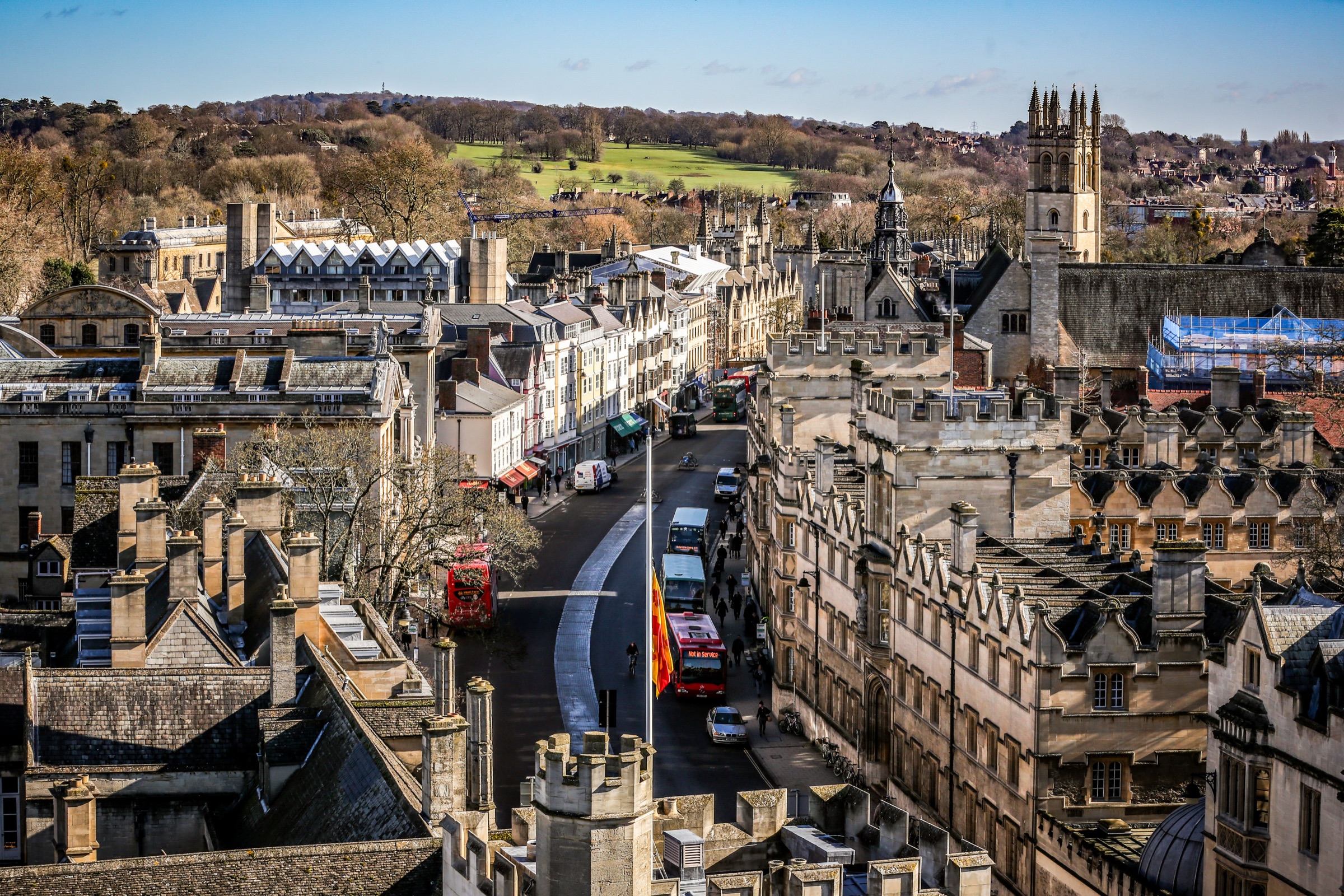 Aerial view of Oxford's historic rooftops and spires